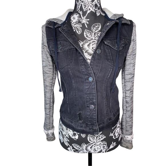 Mudd Black Denim Colorblock Hooded Jean Jacket Distressed Sweater Sleeve Grunge - Picture 1 of 15